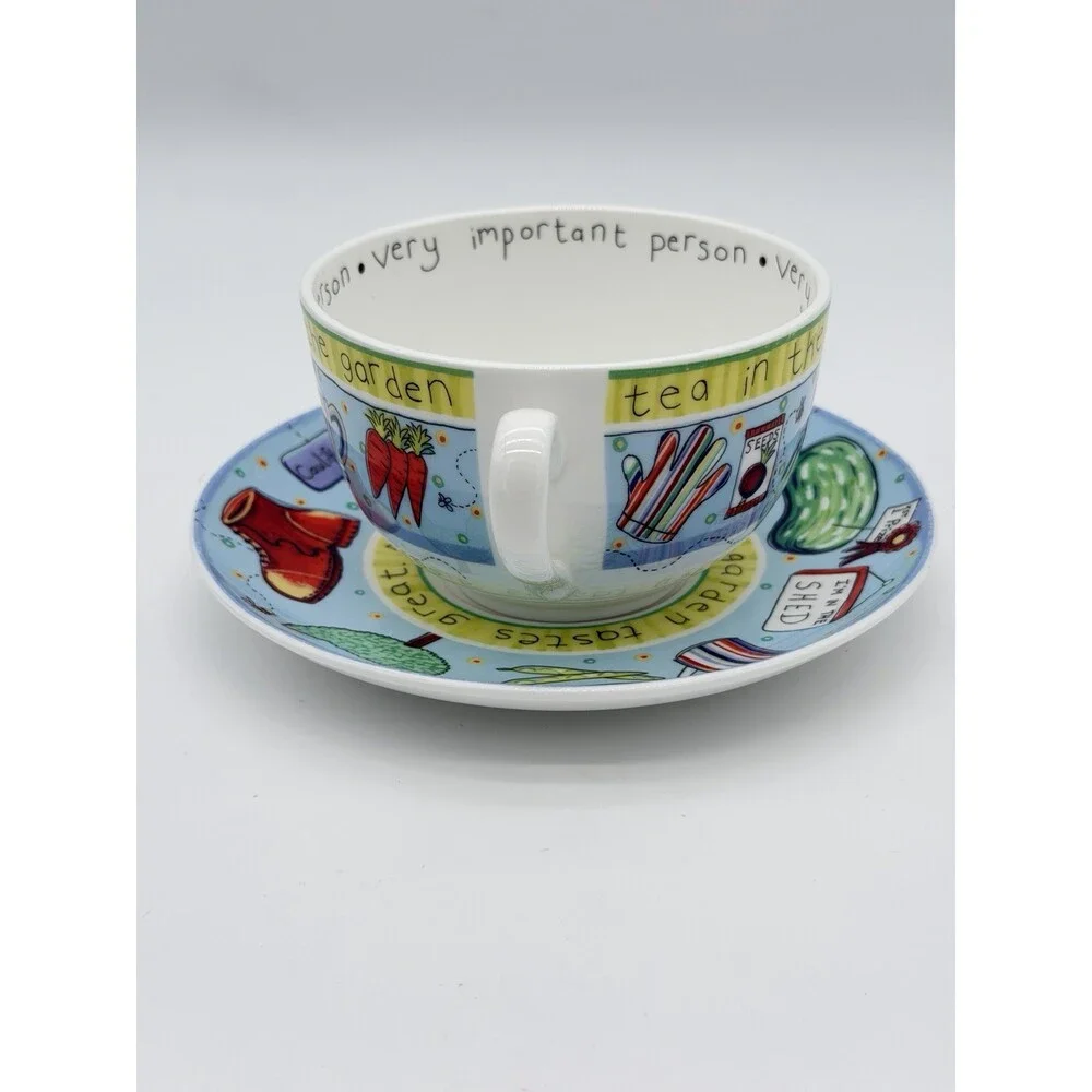 Royal Worcester England Cup & Saucer Set Tea in the Garden Blue 2005 Porcelain